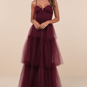 Lulus Unforgettable Poise Plum Purple Tulle Bustier Tiered Maxi Dress - Size M